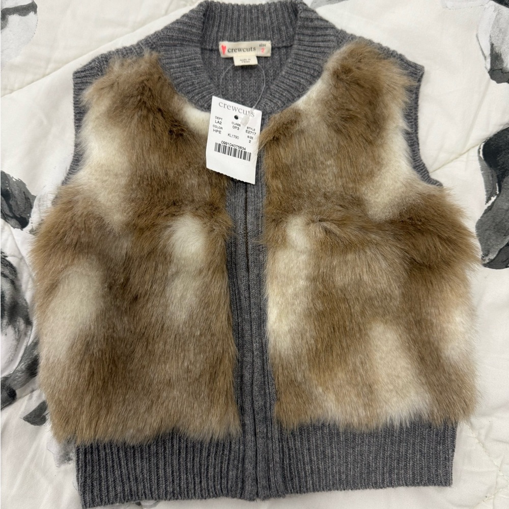 Crewcuts Gray Knit Vest with Brown Faux Fur